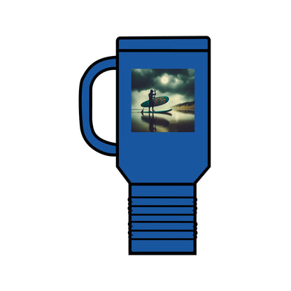 Sophisticated Fantasy Paddleboarding 40oz Insulated Stainless Steel Mug in deep blue, highlighting its high-quality stainless steel construction and double-wall insulation for hot and cold beverages.
