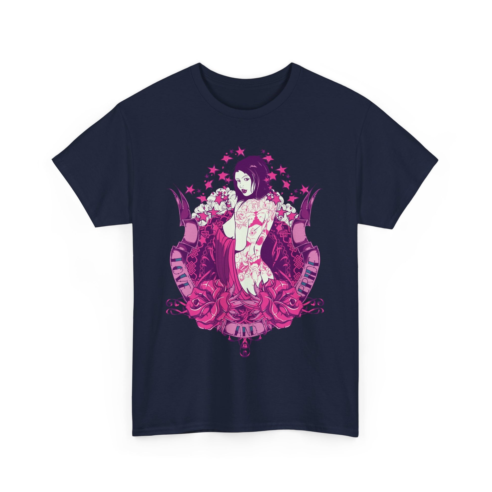 Luxurious Cosmic Artistry Men's T-shirt featuring a captivating tattoo-inspired design in vibrant pink and purple against a deep navy background, showcasing a striking figure adorned with roses and stars.