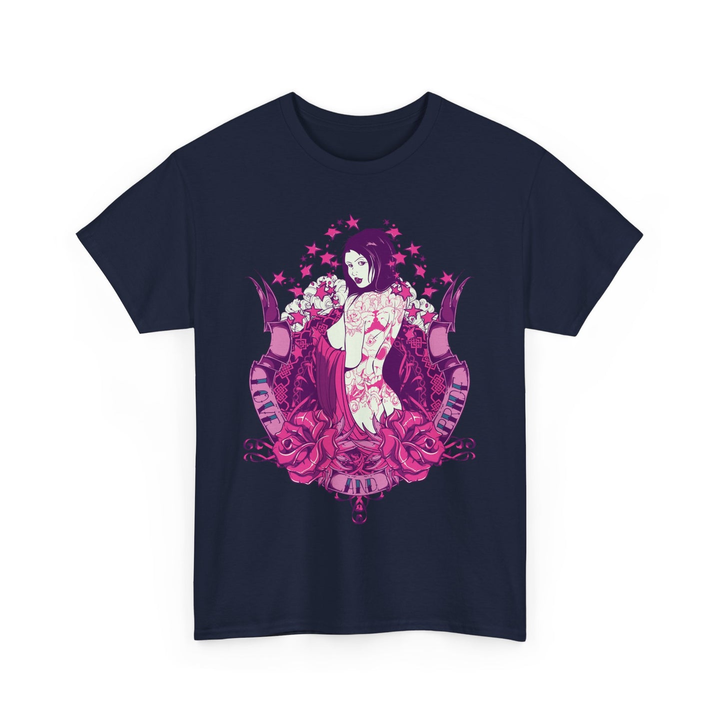 Striking front view of a navy blue men's T-shirt with vibrant pink and purple tattoo art design featuring a graceful figure surrounded by floral motifs.