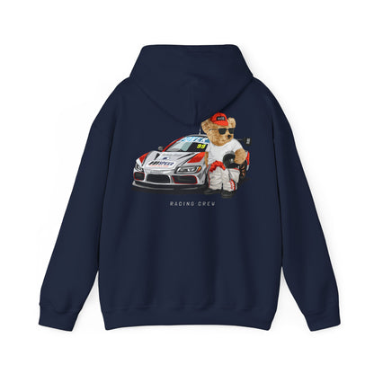 Chic teddy bear racing hoodie in navy blue, featuring a whimsical design with a teddy bear in racing attire next to a high-performance race car, a must-have for fashion-forward racing fans.
