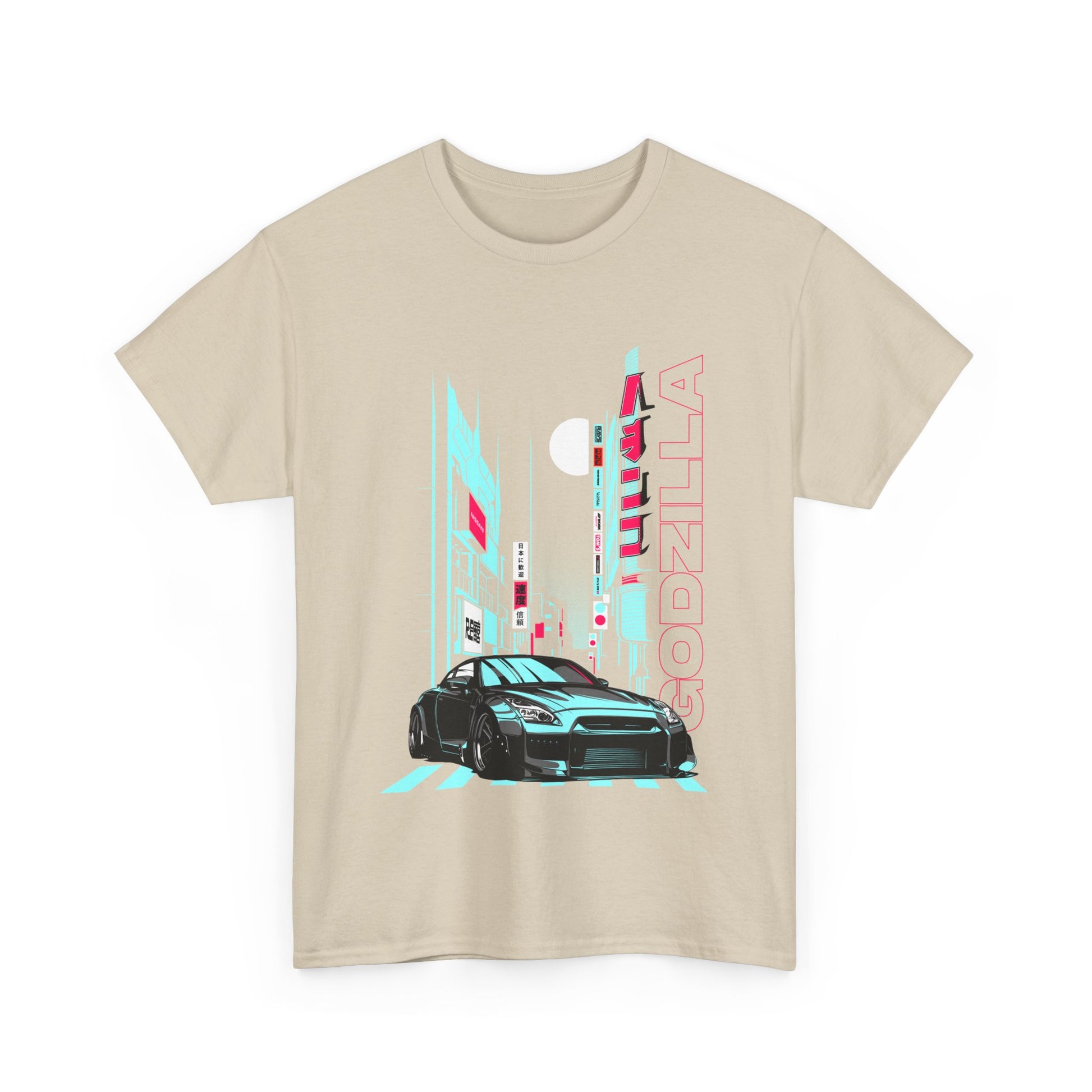 Chic beige men's graphic t-shirt showcasing a striking Godzilla city scene design with a sleek sports car, a statement piece for upscale casual wear.