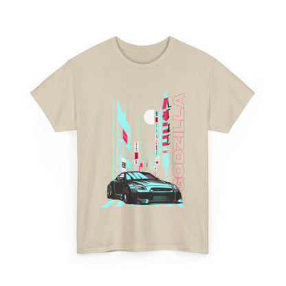 Chic beige men's graphic t-shirt showcasing a striking Godzilla city scene design with a sleek sports car, a statement piece for upscale casual wear.
