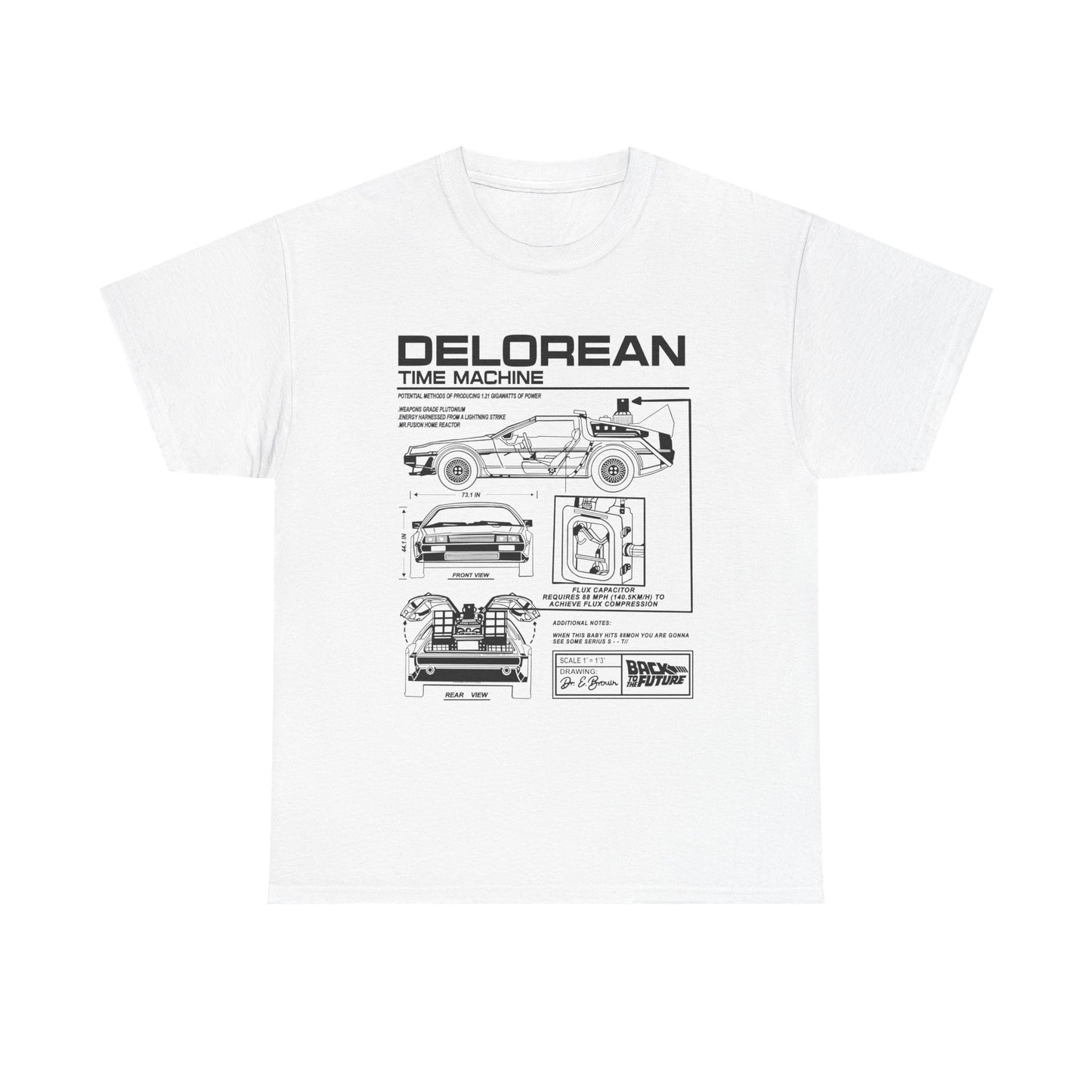 Premium men's white t-shirt featuring the technical blueprint design of the DeLorean time machine from Back to the Future, showcasing intricate details of the vehicle.