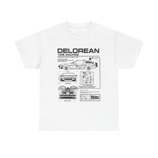 Premium men's white t-shirt featuring the technical blueprint design of the DeLorean time machine from Back to the Future, showcasing intricate details of the vehicle.