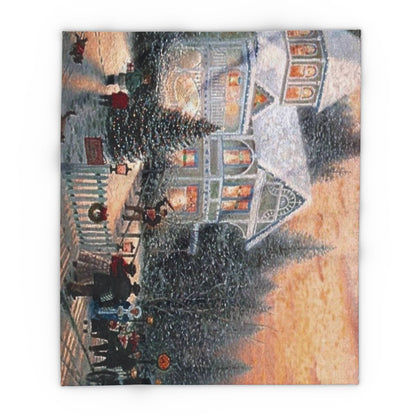 Decorative and Warm Christmas Arctic Fleece Blanket featuring an enchanting depiction of a snowy landscape and a welcoming house adorned for the holidays, ideal for cozy winter nights.