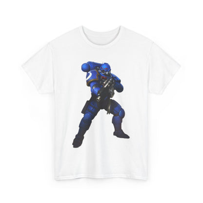 Elegant unisex t-shirt adorned with a bold Space Marine graphic in luminous blue, designed for those who appreciate unique, humorous fashion.
