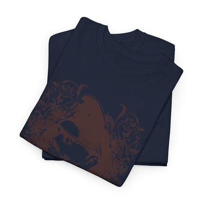 Layers of premium navy men’s t-shirts folded neatly, displaying intricate baroque zombie graphics, exemplifying unique artistry.