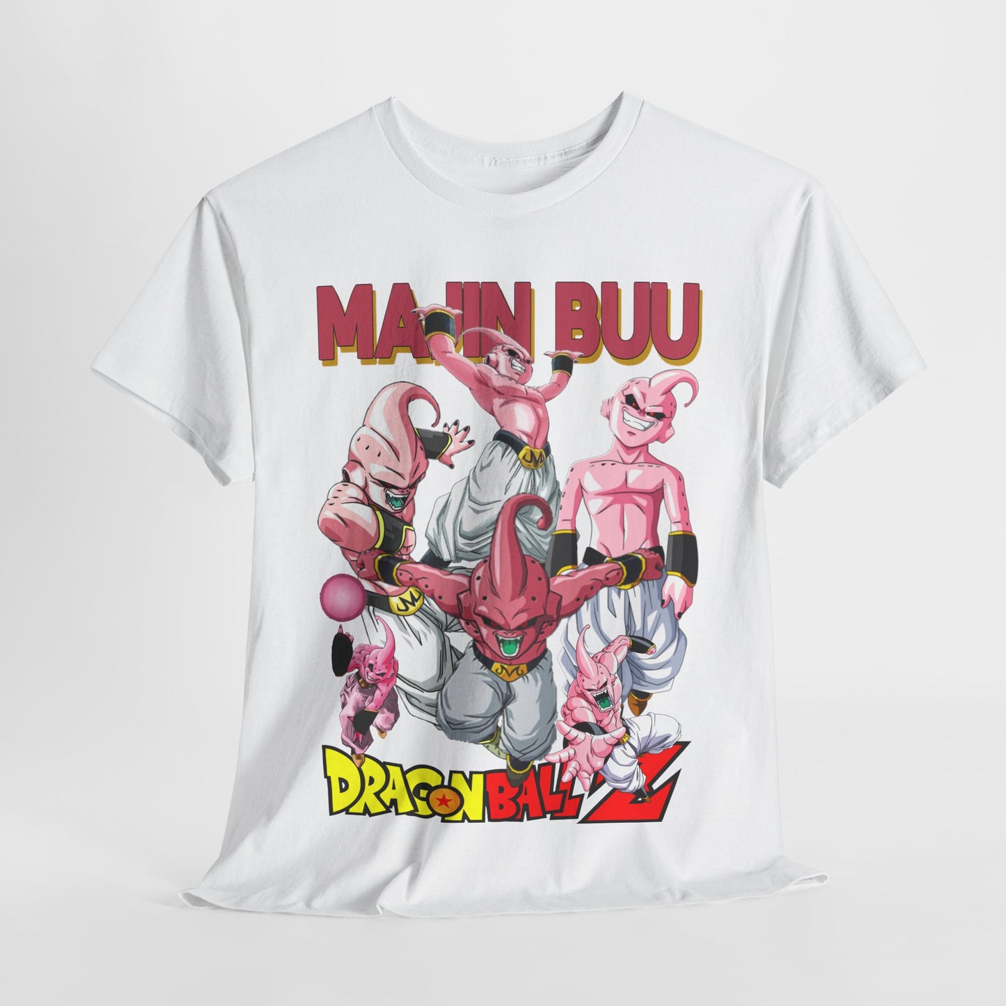 Artistic display of white Dragon Ball Z T-shirt with dynamic Majin Buu graphic, exuding both nostalgia and modern fashion appeal, perfect for stylish anime lovers.