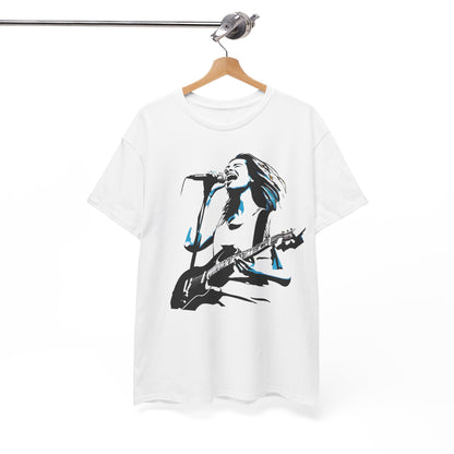 Chic Legend of Rock Graphic T-Shirt, artistically hung to highlight the unique singer graphic, perfect for making a statement in urban settings.