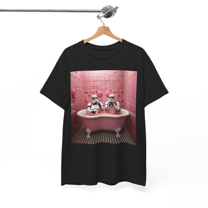 Chic black t-shirt displaying a whimsical scene with Stormtroopers in a luxurious pink bathtub, designed for those who appreciate unique and stylish apparel.