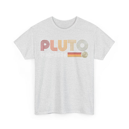 PLUTO Retro Graphic Unisex T-Shirt in Soft Cotton, grey variant displaying a nostalgic graphic design with 'PLUTO' and artistic celestial elements.