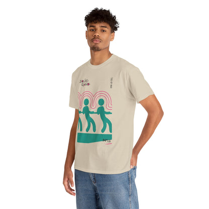 Chic model wearing a Squid Game graphic t-shirt, exemplifying contemporary fashion trends and versatility for both men and women.