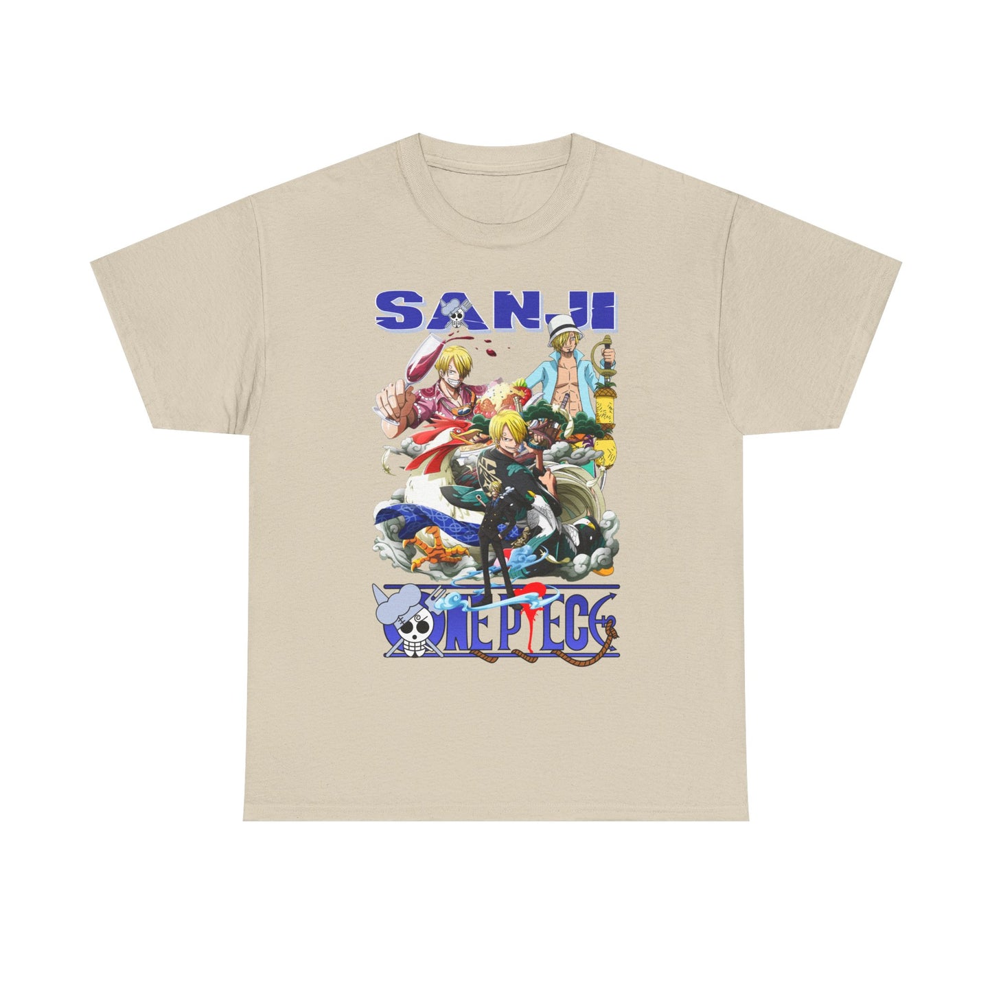 Luxurious Sanji Anime Graphic Tee featuring vibrant illustrations of the beloved character from One Piece. Perfect for streetwear enthusiasts, highlighting Sanji's culinary skills against a stylish background.