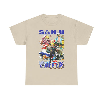 Luxurious Sanji Anime Graphic Tee featuring vibrant illustrations of the beloved character from One Piece. Perfect for streetwear enthusiasts, highlighting Sanji's culinary skills against a stylish background.