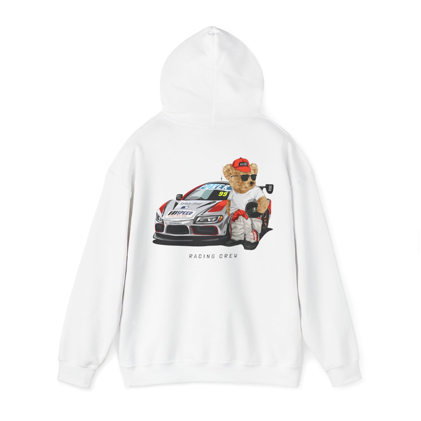 Sophisticated teddy bear racing hoodie in white, adorned with a charming teddy bear character in racing apparel beside a modern race car, a luxurious choice for motorsport aficionados.