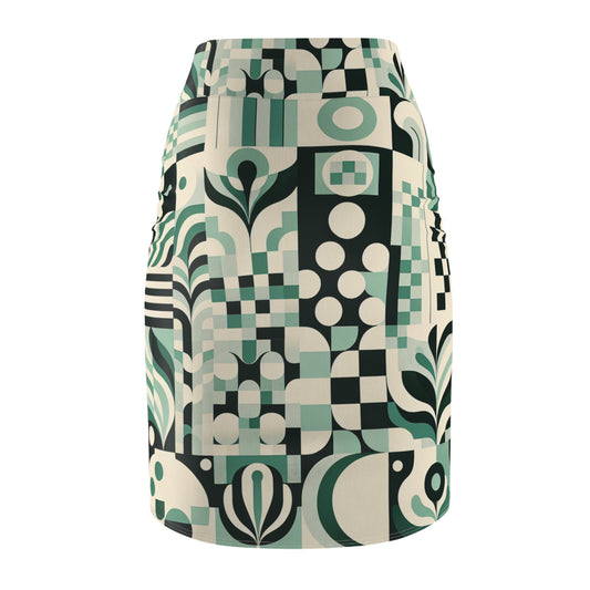 Elegant Daria Bellucci Pastel Green Pencil Skirt featuring Unique Checkerboard and Block Print Patterns, perfect for stylish occasions.
