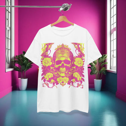 Skulls and Roses Cotton Tee - luxurious unisex graphic shirt featuring a vibrant design of a skull surrounded by roses, perfect for fashion-forward individuals.