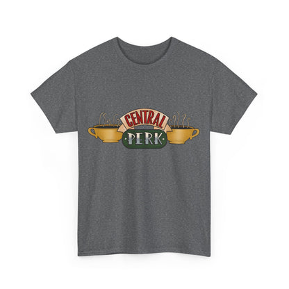 Central Perk Coffee Shop Friends Retro Logo Graphic Tee in dark grey, featuring the beloved Central Perk logo, ideal for expressing nostalgia and style.