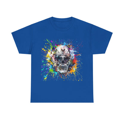 Color Splash Skull Tee, unisex cotton shirt in blue displaying a stunning artistic skull with vivid splash colours, ideal for art lovers and festival goers.