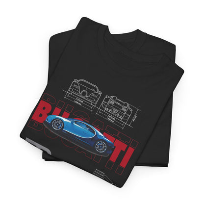 Stacked view of the luxurious Bugatti Chiron Men's T-Shirt showcasing a striking blue supercar design with technical diagrams and prominent branding, perfect for automotive enthusiasts.