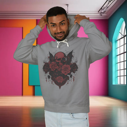 Unisex Lightweight Hooded Sweatshirt featuring the unique designer skull and roses graphic, model wearing the stylish hoodie in a chic contemporary environment.