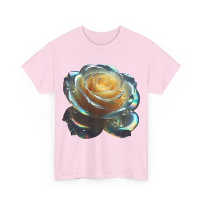 Front view of The Ethereal Rose Tee Unisex Cotton Graphic T-shirt in soft pink, featuring an eye-catching, artistically rendered rose surrounded by shimmering effects.