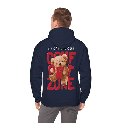 Luxurious navy hoodie featuring a whimsical teddy bear graphic and bold red text proclaiming 'ESCAPE YOUR COMFORT ZONE', designed for those seeking style and motivation.