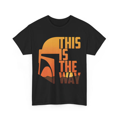 Front view of the Mandalorian Star Wars "This is the Way" Logo Graphic Unisex Tee Shirt, featuring a striking graphic design that celebrates a legendary saga with elegance.