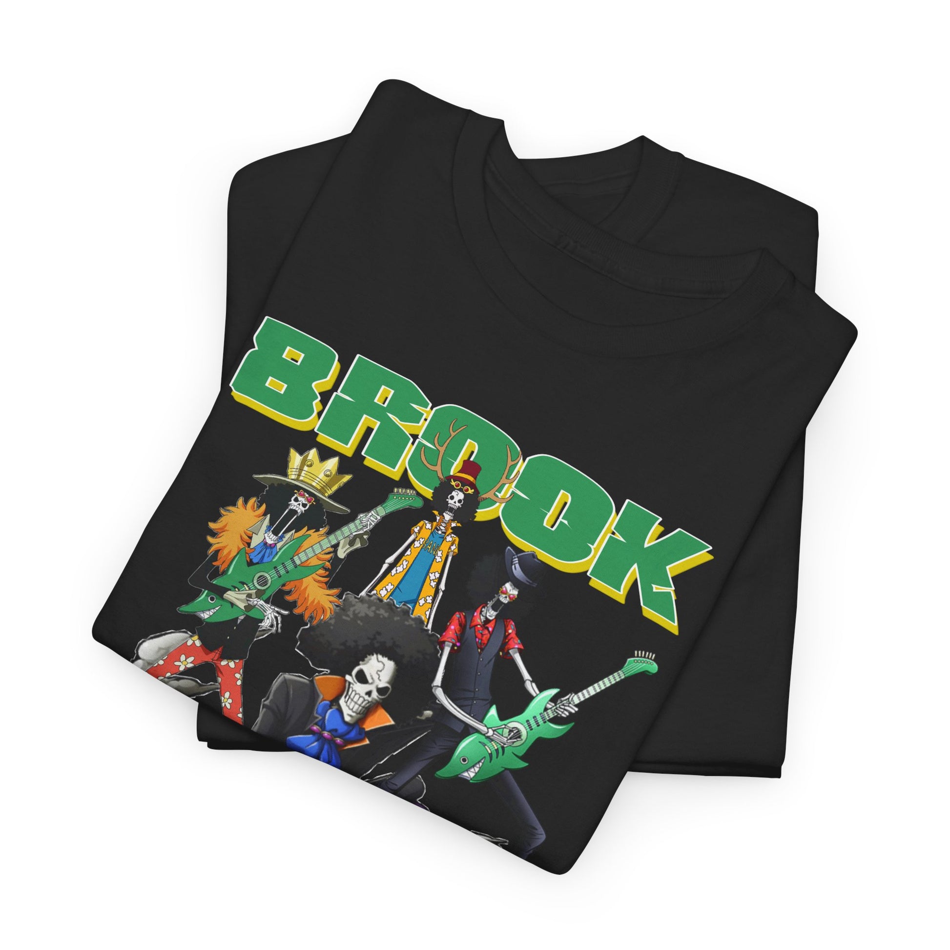 Sophisticated black Brook graphic t-shirt, artfully folded, highlighting vibrant illustrations of beloved anime characters for discerning fans.