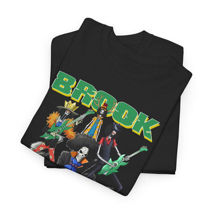 Sophisticated black Brook graphic t-shirt, artfully folded, highlighting vibrant illustrations of beloved anime characters for discerning fans.