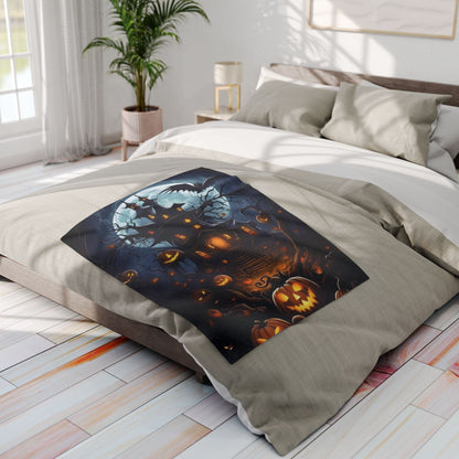 Decorative and Warm Halloween Spooky Arctic Fleece Blanket elegantly placed on a bed, complementing the stylish interior while offering comfort and seasonal charm.
