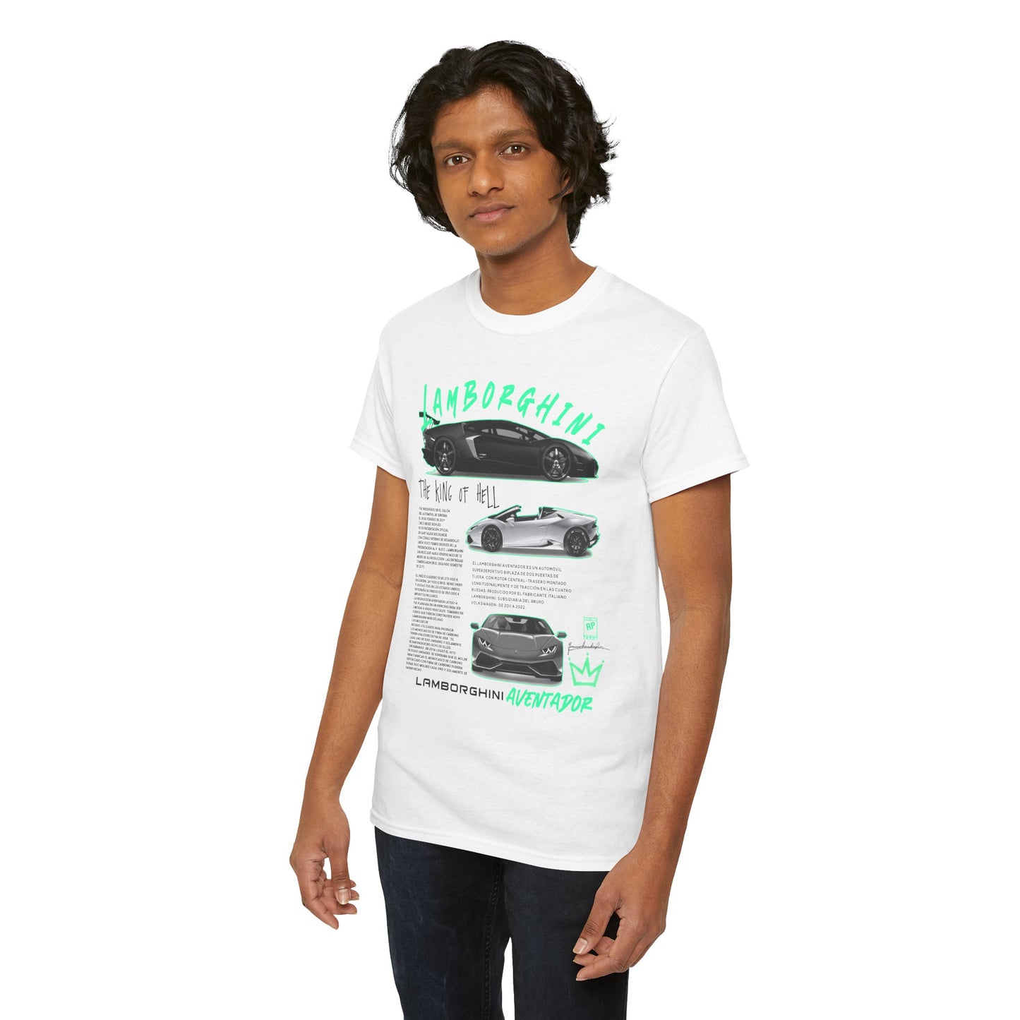 Trendy white Lamborghini Aventador men's t-shirt displaying striking typography and illustrations of the iconic supercar, ideal for casual luxury wear.
