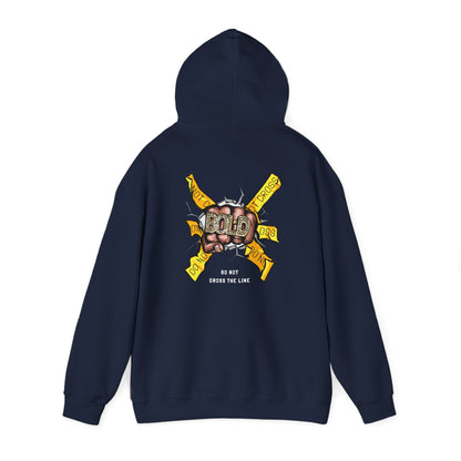 Elegant navy hoodie showcasing a captivating back design of a diamond-encrusted fist holding the word 'BOLD', surrounded by bold yellow banners, a perfect statement piece for the modern wardrobe.