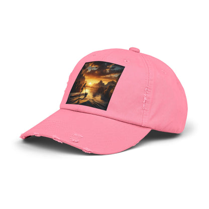 Unisex Distressed Paddleboarders Cap - Stylish Sun Protection for Adventurous Water Lovers, featuring a vibrant pink colour with a breathtaking paddleboarding sunset graphic.