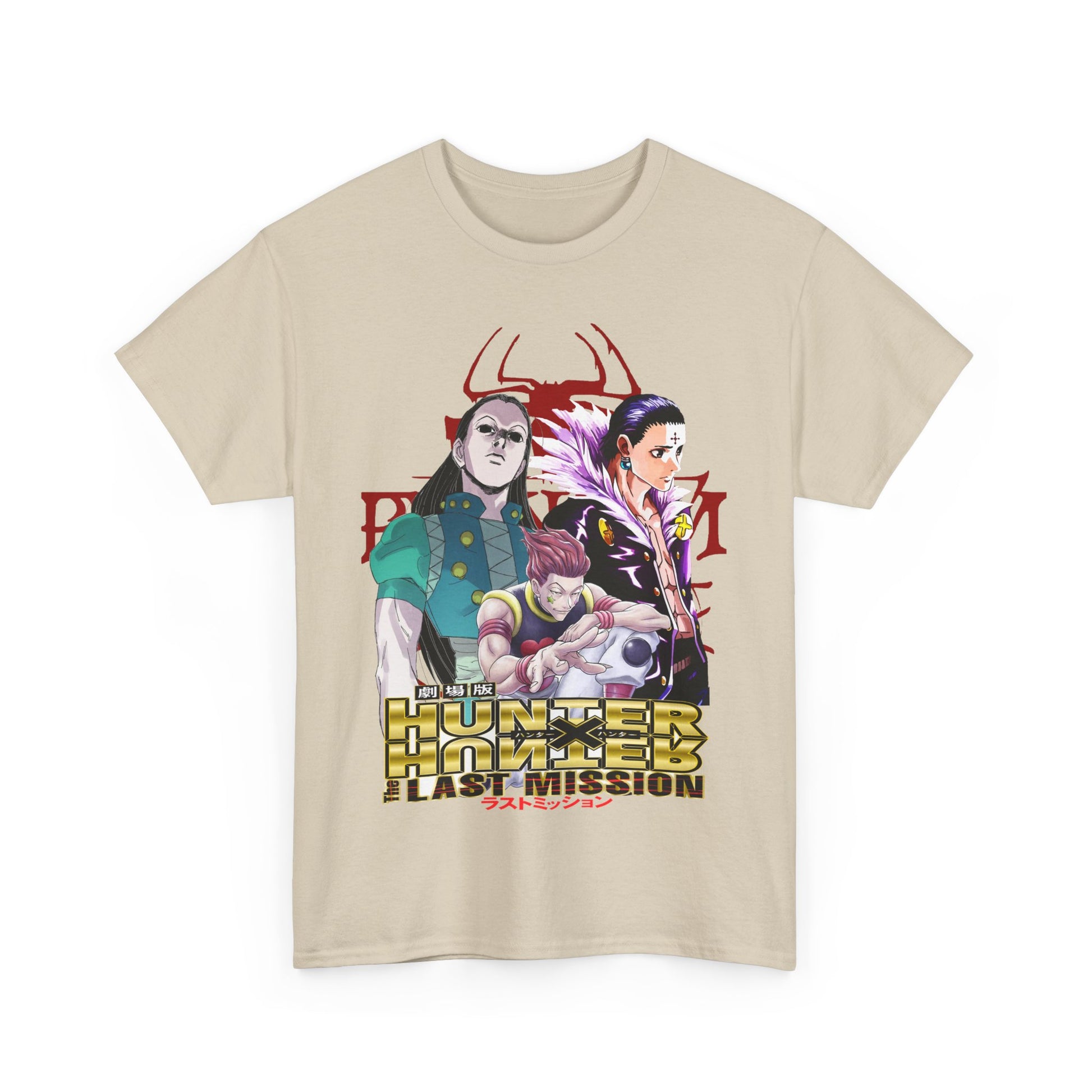 Chic beige Hunter x Hunter T-shirt adorned with dynamic illustrations of Gon, Killua, and Hisoka, making a bold statement for discerning fans of the anime series.