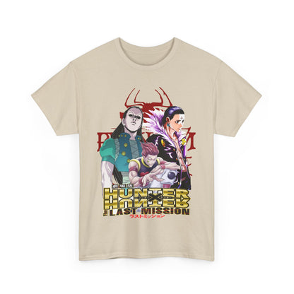 Chic beige Hunter x Hunter T-shirt adorned with dynamic illustrations of Gon, Killua, and Hisoka, making a bold statement for discerning fans of the anime series.