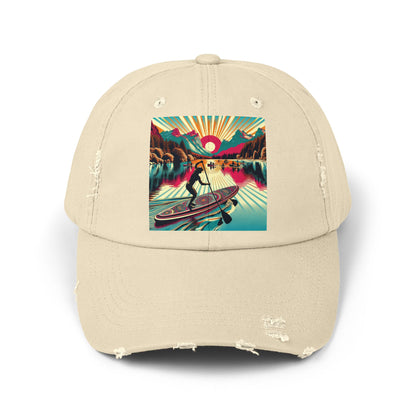 Unisex Distressed Paddleboarders Cap in beige showcasing a playful fantasy design, a stylish accessory for outdoor adventures.
