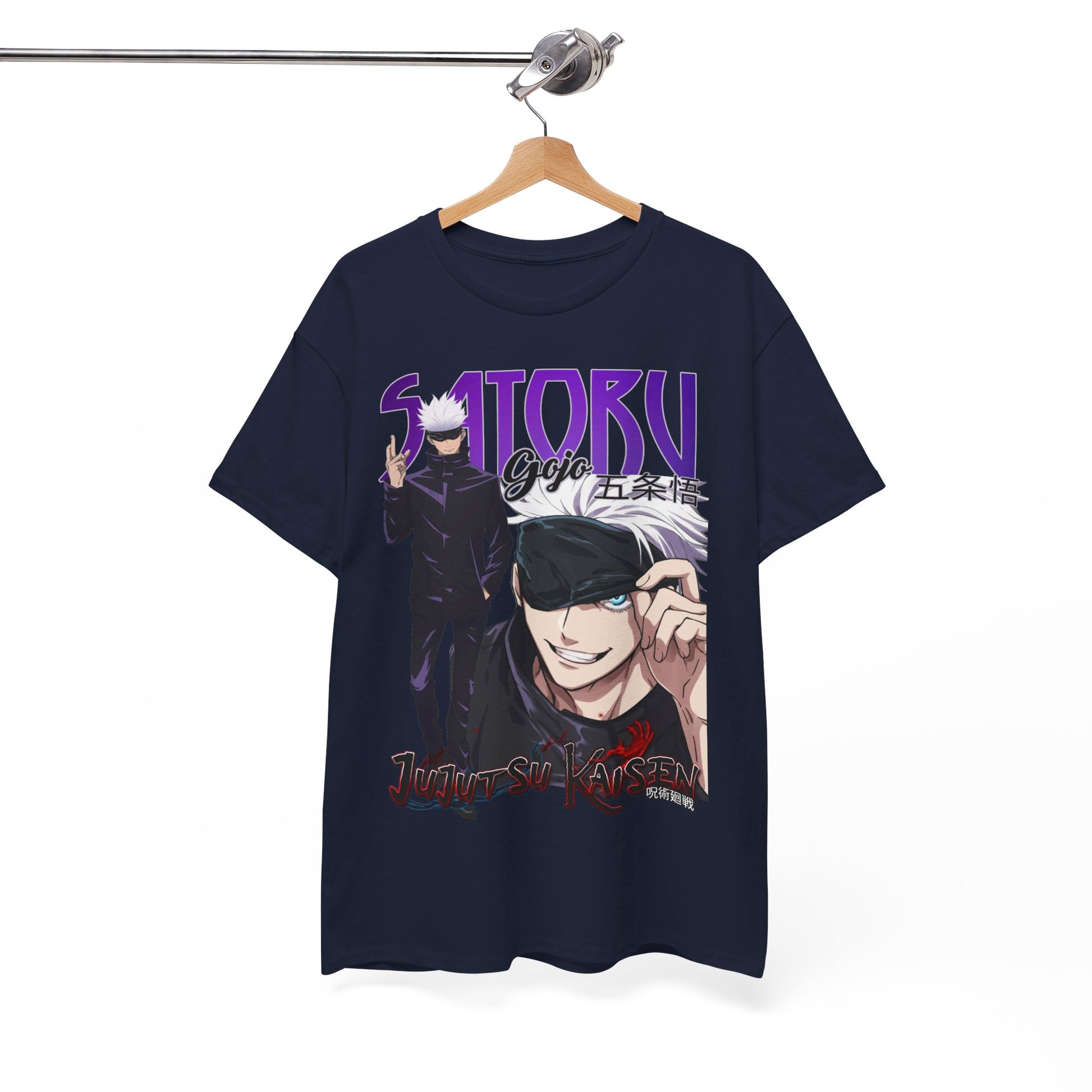 Elegant navy blue t-shirt showcasing Gojo Satoru from Jujutsu Kaisen, hung on a stylish wooden hanger, highlighting its premium quality and artistic appeal.