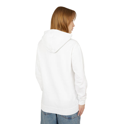 Side view of a luxurious unisex computer game graphic lightweight hooded sweatshirt in white, highlighting the stylish hood and soft fabric.