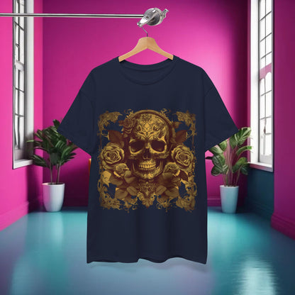 Elegant display of Skulls and Roses Cotton Tee, showcasing the detailed skull and rose graphic in a luxurious setting.