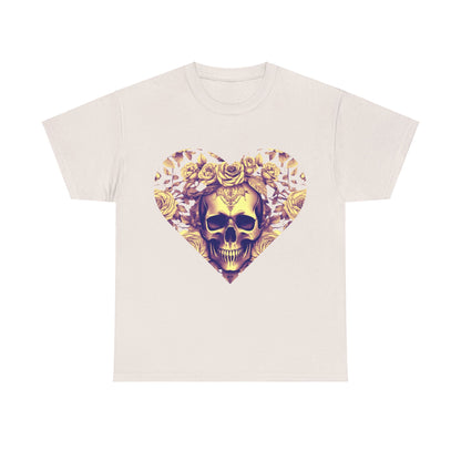 Skulls and Roses Cotton Tee in cream, featuring a sophisticated steampunk skull embraced by roses, a perfect choice for alternative style lovers.