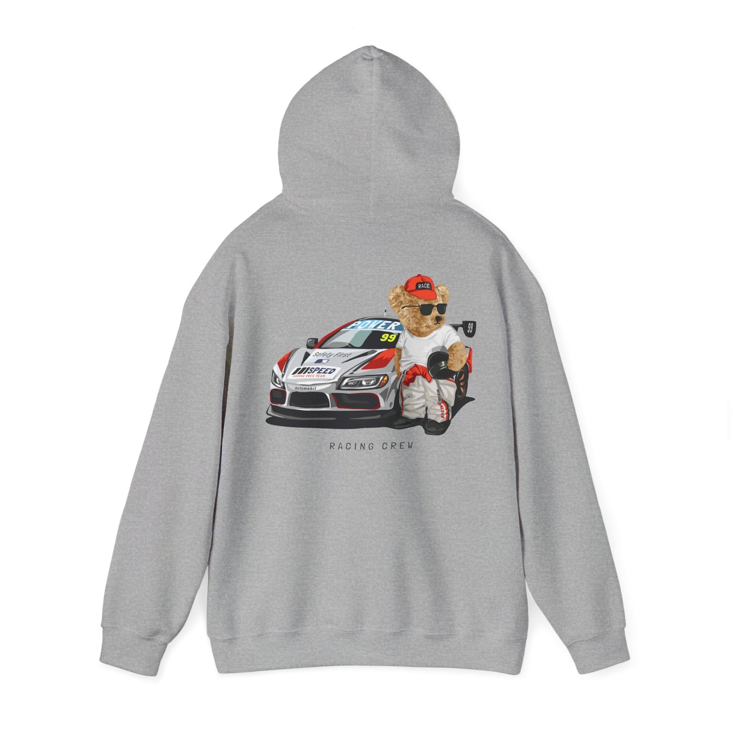 Back of a chic grey hoodie, adorned with a fun teddy bear character in racing attire, sitting in a sporty car, a stylish piece for racing enthusiasts looking for both comfort and luxury.