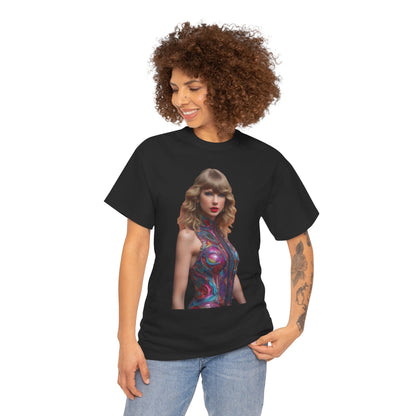 Stylish woman wearing the Swifties psychedelic Taylor Swift Heavy Cotton Tee, showcasing vibrant colours and a striking design, perfect for dedicated fans and fashion enthusiasts.