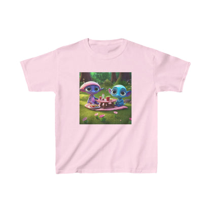 Charming Kids Heavy Cotton Tee adorned with delightful alien artwork in a soft pink shade, a perfect blend of comfort and fun.