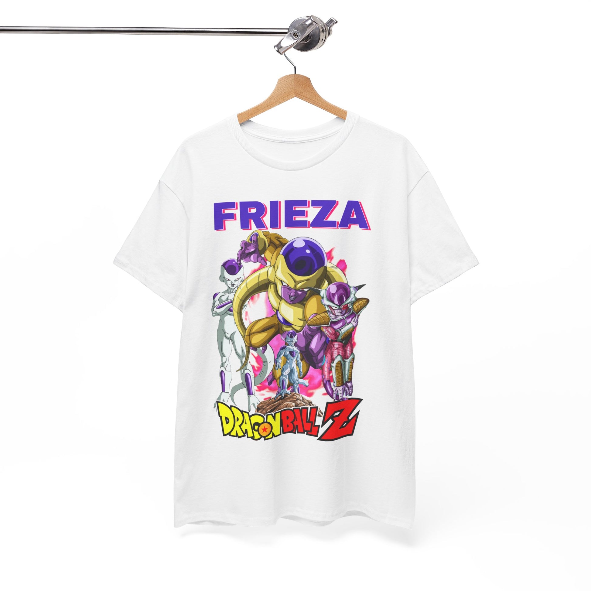 Stylish Dragon Ball Z Frieza T-shirt showcased on a hanger, designed with eye-catching artwork that embodies anime culture, a perfect blend of comfort and style.