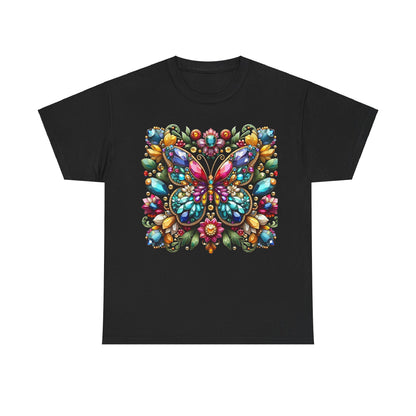 Enchanting Butterfly Brooch Unisex T Shirt Graphic Tee in black featuring a vibrant butterfly design adorned with colorful gemstones, perfect for those who appreciate elegant fashion.