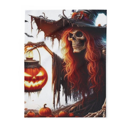 Luxurious Decorative and Warm Halloween Spooky Arctic Fleece Blanket featuring a detailed illustration of a skeletal witch holding a lantern and a pumpkin, perfect for seasonal decor.