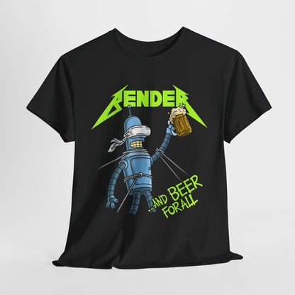 Bender and Beer For All luxury graphic unisex t-shirt featuring the iconic bending robot in vibrant colours against a sleek black background.
