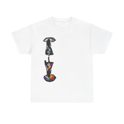 Duality Dreams Unisex Graphic T-Shirt showcasing an artistic floral design with silhouettes of a woman holding a black umbrella and a contrasting vibrant floral pattern.