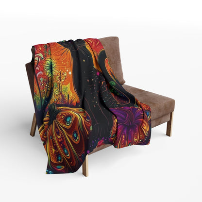 Decorative and Warm Halloween Spooky Arctic Fleece Blanket draped over a stylish armchair, enhancing the autumn ambiance with whimsical Halloween art.